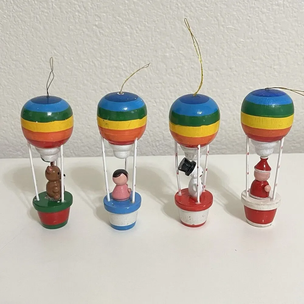 Vintage Wooden Rainbow Hot Air Balloon Ornaments Santa Snowman Bear Set of 4